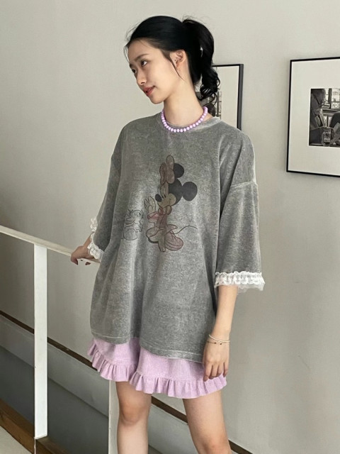 Now Korean authentic purchasing agent for women 2025 spring new fashion cartoon Mickey age-reducing lace lace 7-point short sleeves