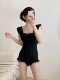 Swimsuit women's black ears with flying sleeves one-piece beautiful ins style small breasts gathered to cover their belly and make them look slimming swimming pool