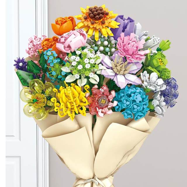 Chinese building blocks and flowers girls primary school students simulated flowers bouquet roses 520 Valentine's Day gift toys