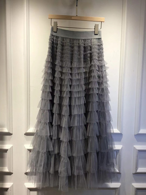 Mesh ruffled temperament skirt women's European station 2023 autumn and summer new model long skirt slimming cake skirt