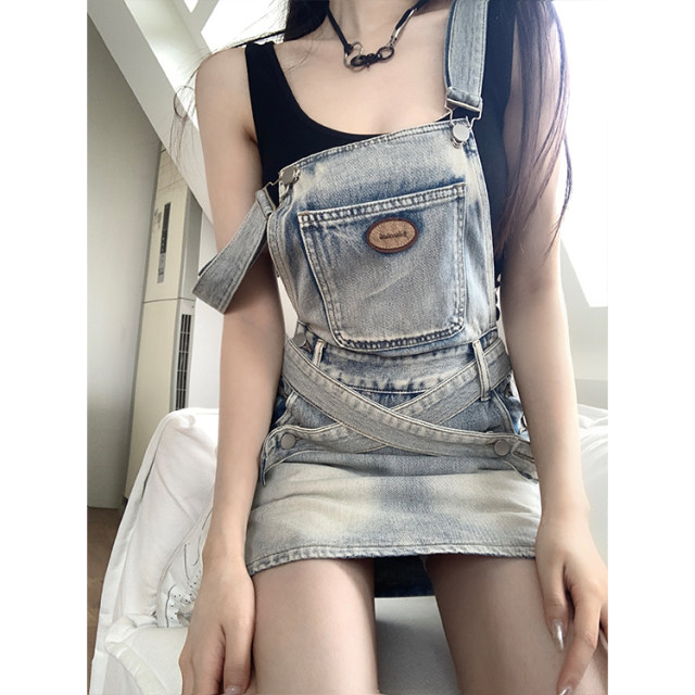 Spring women's versatile retro washing strap skirt jeans skirt old design mid-length hip-cover short skirt
