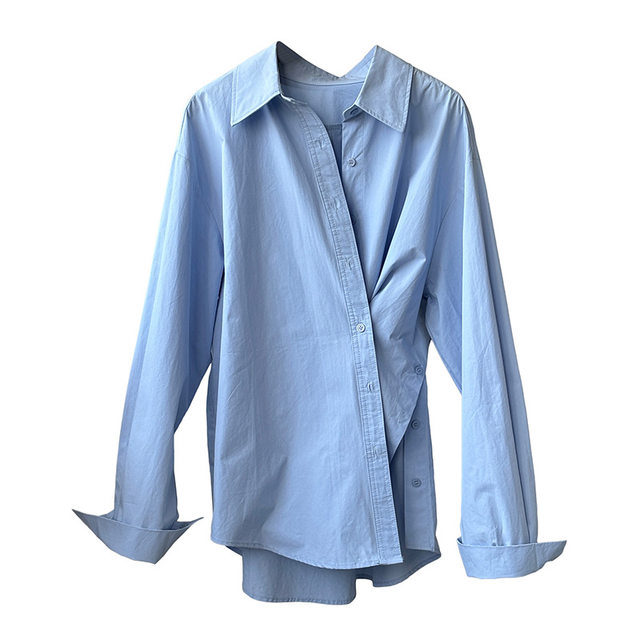Super beautiful! irregular side slit slanted button-down shirt for women in spring and autumn new design niche and unique top