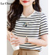 La Chapelle striped short-sleeved T-shirt for women 2025 new summer pure cotton fan letter printed round neck top
