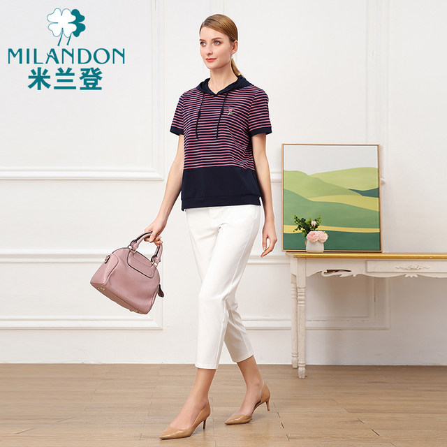 Milanden middle-aged and elderly mother's clothing spring and summer new hooded short-sleeved T-shirt women's striped casual fashion embroidered thin