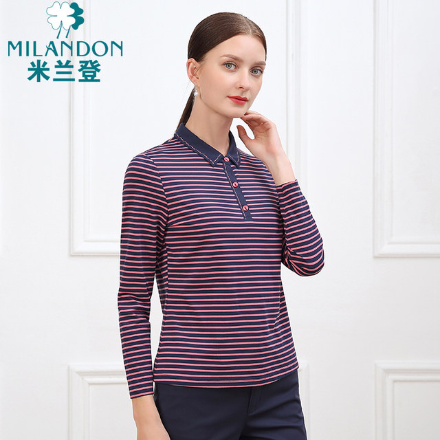 Milanden middle-aged and elderly mothers' POLO collar long-sleeved T-shirt women's spring and autumn new fashion striped knitted top