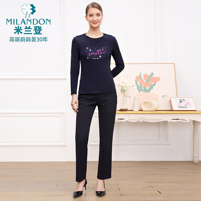 Miranden middle-aged and elderly mothers wear 2025 autumn new round neck fashionable printed T-shirt for women long sleeves casual thick