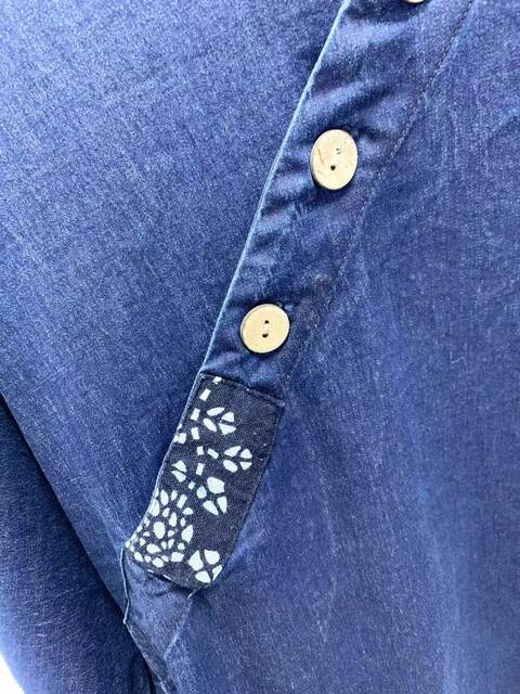 18178 retro blue printed patch oblique button cotton twill denim shirt loose long sleeve pullover top