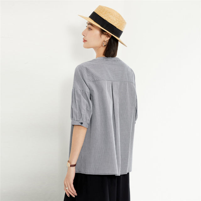 Giordano bubble shirt for women summer pure cotton woven V-neck pleated fashionable age-reducing short-sleeved striped shirt 18343703
