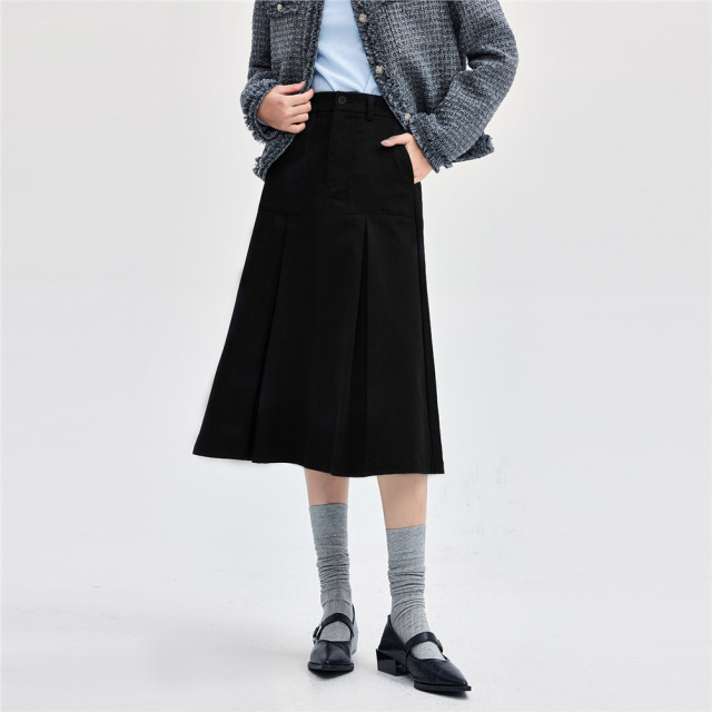 Giordano long umbrella skirt for women pure cotton grinding commuter pleated A-line skirt semi-elastic waist skirt 05464701