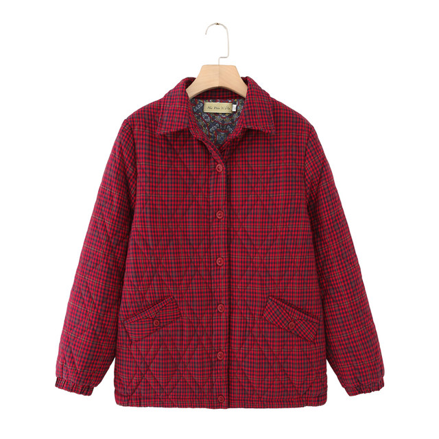Middle-aged and elderly mothers new autumn and winter lapel plaid cotton jacket women's loose and versatile casual cotton coat cotton top