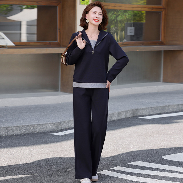 Middle-aged and elderly mothers spring and autumn new hooded zipper sweatshirt suit women's loose slimming versatile casual pants two-piece set