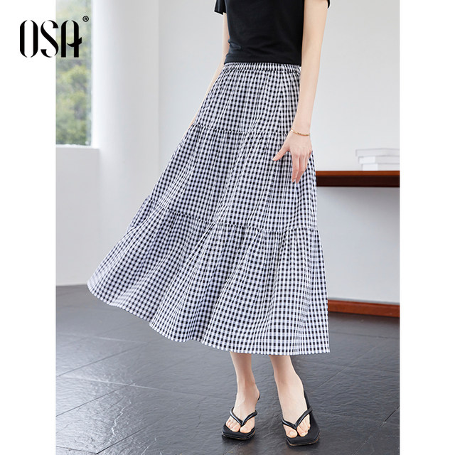 OSA commuting versatile plaid skirt women's skirt 2025 summer new age-reducing slimming a-line cake skirt