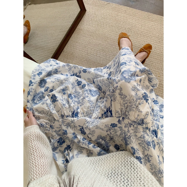 Dongdaemun's same style MM Studio French sweet ink printing elastic waist skirt for women's spring and summer mid-length skirt
