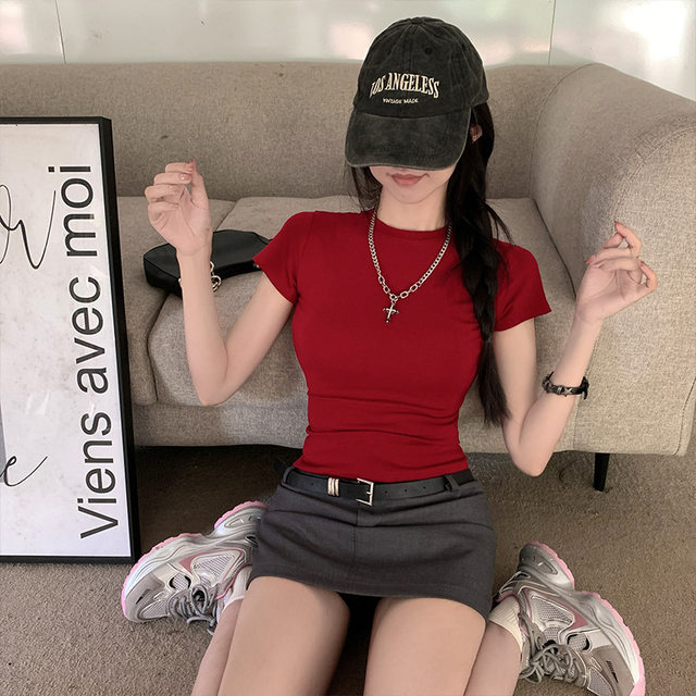 billkong waist-pinching red shoulder T-shirt summer new black short-sleeved women's short hot girls long-sleeved base shirt
