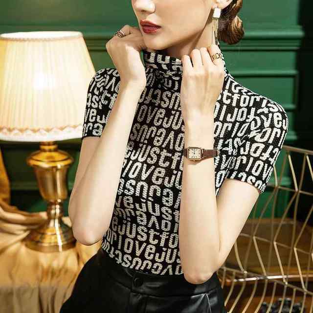 2021 autumn turtleneck lace base shirt for women for women short-sleeved slim fit inside letters fashionable half-sleeved top European station
