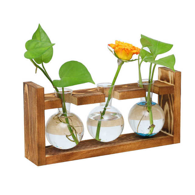 Creative wooden frame hydroponic glass vase green dill water-cultured plant flower device office home gardening desktop display decoration