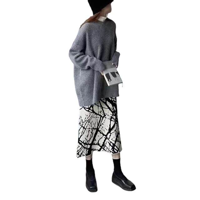 Autumn and winter retro printed knitted hip-pack skirt for women with high waist slim casual temperament versatile mid-length A-skirt
