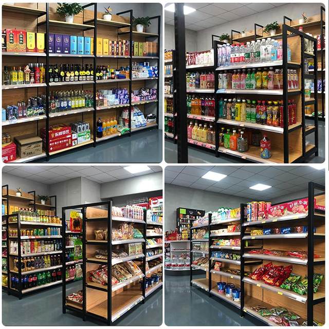 Supermarket shelves display shelf wood grain transfer four -pillar convenience store store shop snack mother and baby shop
