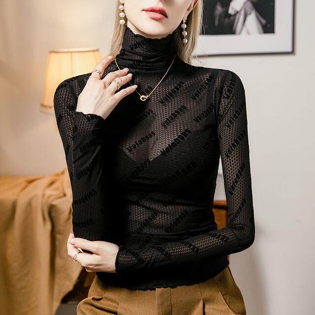 Turtleneck lace base shirt for women slim letters jacquard 2024 autumn new women's clothing underwear top black T-shirt

