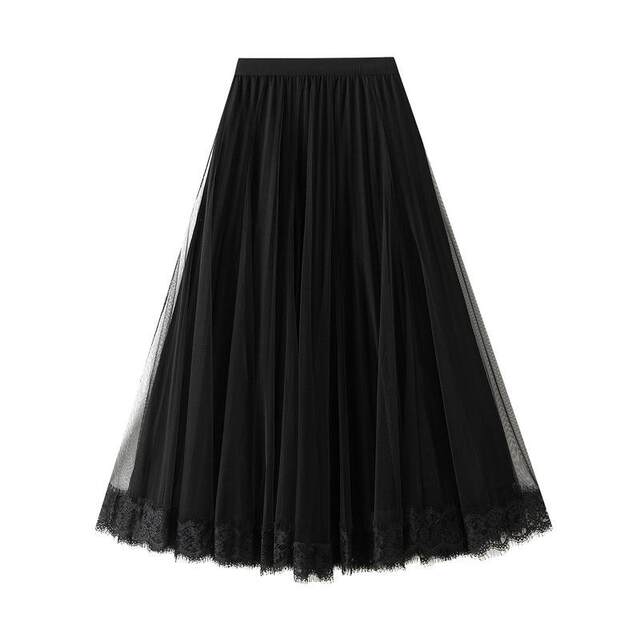 Pleated skirt for women in autumn and winter spliced ​​lace skirt for mid-length two sides with draped fashionable mesh big hem skirt 8611
