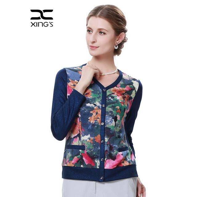 Xing's women's spring clothing new short flower coat mother's knitted top long sleeve casual short jacket for women