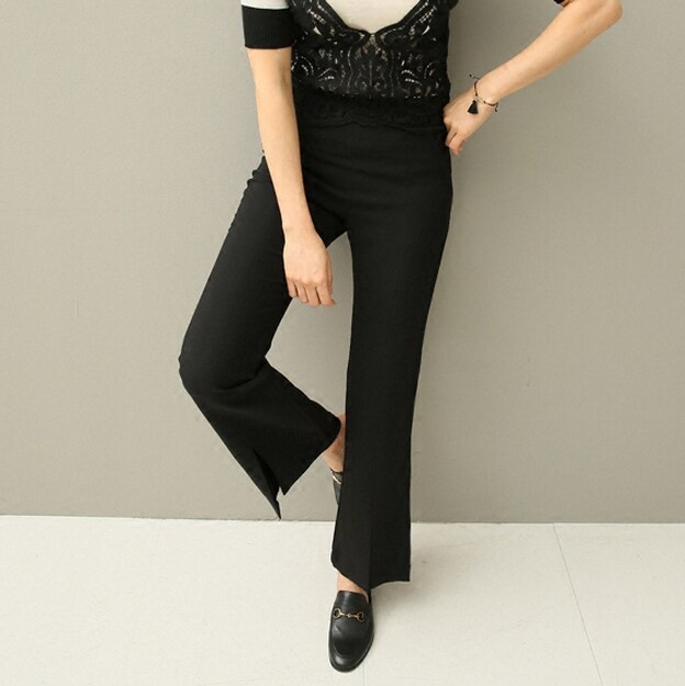 2024 Autumn and Winter Women's Roman Cotton Micro-Flame Trousers with Slit Black Slim Cropped Pants High Waist Pack Big Size Elastic