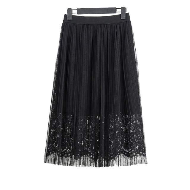 Large size mesh a skirt spring and autumn fat m drooping high waist pleated skirt mid-length A-line lace folded black yarn
