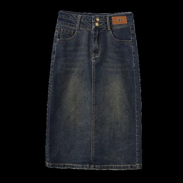 Retro blue denim skirt for women 2024 new summer thin high waist old mid-length slit one-step skirt
