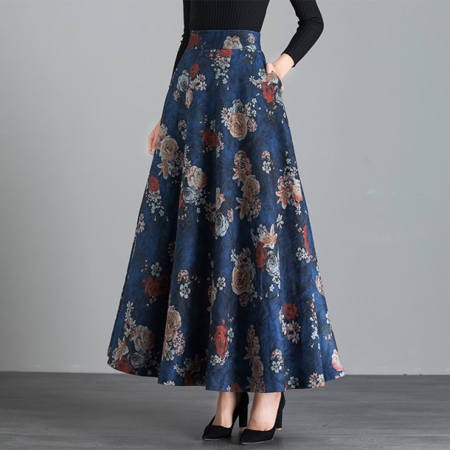 Autumn and winter new retro print high -waisted high -waisted A -body skirt mid -length winter skirt large size dance skirt large skirt female

