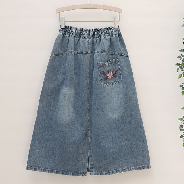 Retro embroidery A -line denim skirt slightly fat size loose, old skirt, spring and summer new versatile medium long skirt