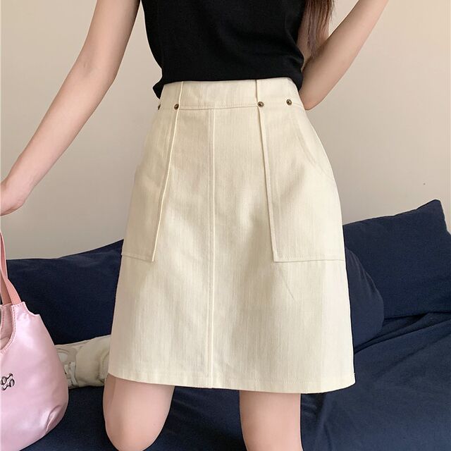 Retro pocket denim skirt for women, large size summer high waist slim mid-length A-line skirt student hip-pack skirt