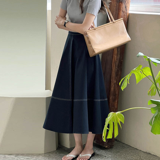 Huaming contrast denim skirt 24 spring and summer slim big umbrella skirt spliced ​​zipper women's high waist mid-length umbrella skirt
