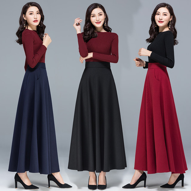 Autumn skirt for women's high waist versatile long skirt A-line skirt large sway umbrella skirt solid color pleated skirt large size mid-length dance skirt
