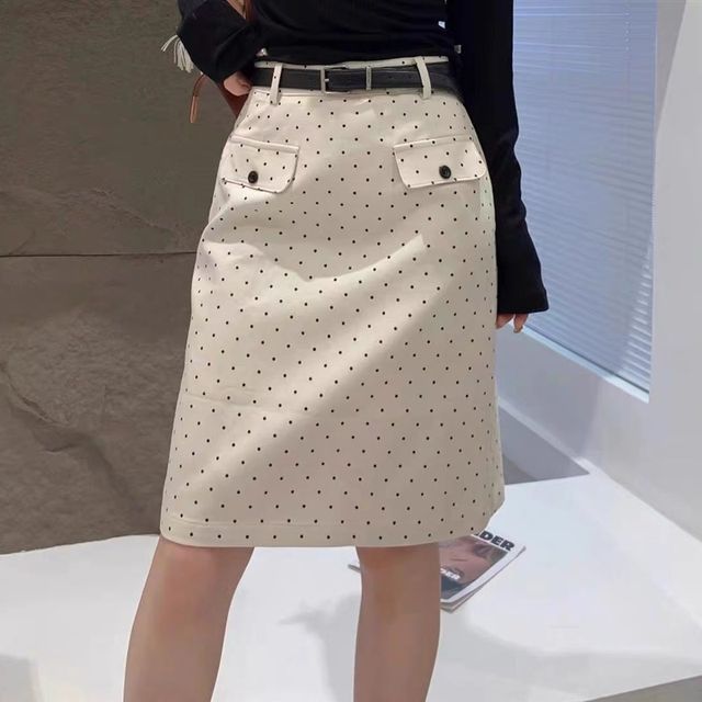 White polka dot printed skirt for women with large size mid-length skirt for summer high waist short skirt versatile slim A-line hip-pack skirt