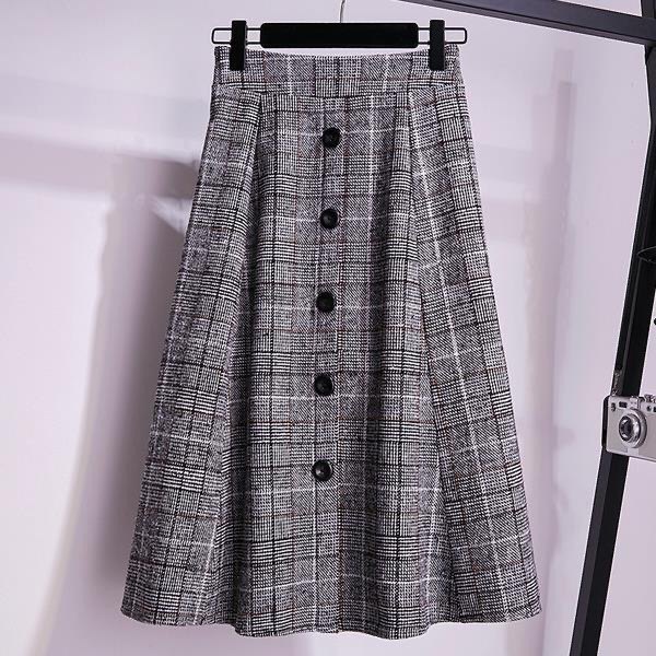 Large -size women's autumn and winter A -character loose waist tight waist grid hair 200jin [Jin is equal to 0.5 kg] Add fat to increase fat mm skirt