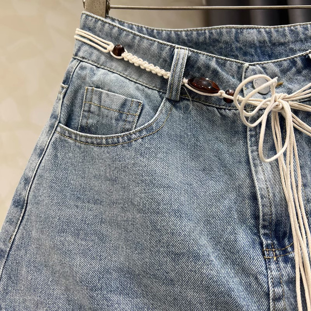 European-style denim splicing versatile slim mesh skirt for women 2025 mid-length cake skirt big hem skirt