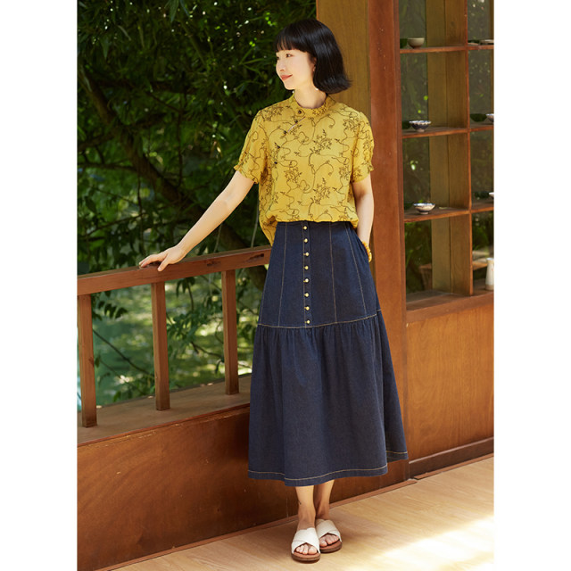 Wangcheng H828/Xiu Fanghua/Summer New Chinese New Chinese New Together 100%Silk yellow embroidered oblique buckle standing small shirt