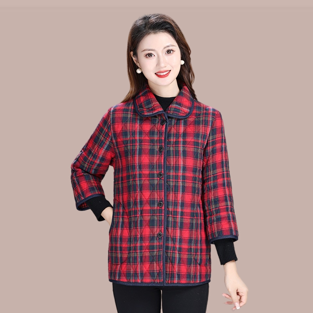 Mom's autumn and winter cotton plaid fashionable nine-quarter sleeve light cotton coat middle-aged and elderly women's lapel thin cotton coat