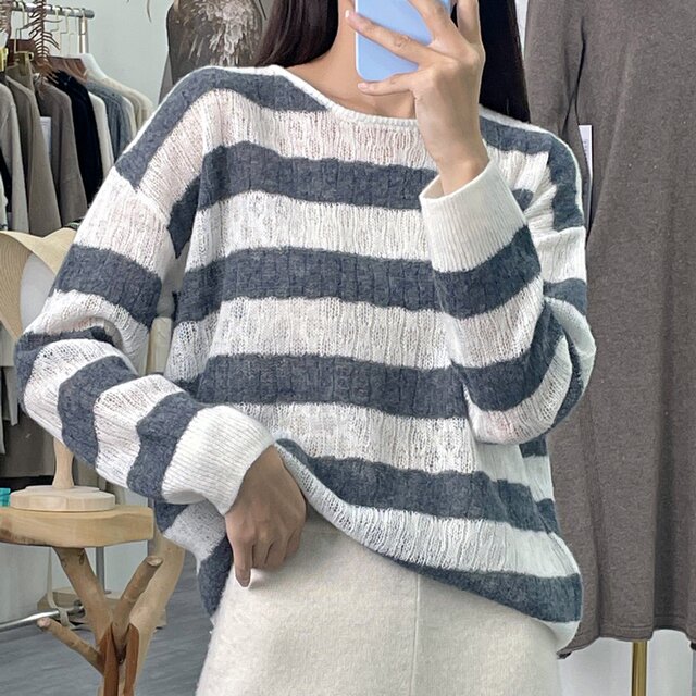 Pleasant Goat Loose Large Size One-Size Collar 100% Cashmere Striped Sweater Slim Needle Hollow Exposed Cladder Bone Slimming and Comfortable