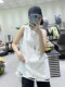 Autumn loose cotton medium -long long -sleeved white sleeveless T -shirt women large size round neck black and white striped vest vest