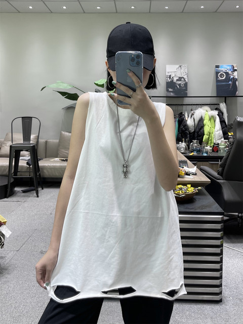 Autumn loose cotton medium -long long -sleeved white sleeveless T -shirt women large size round neck black and white striped vest vest
