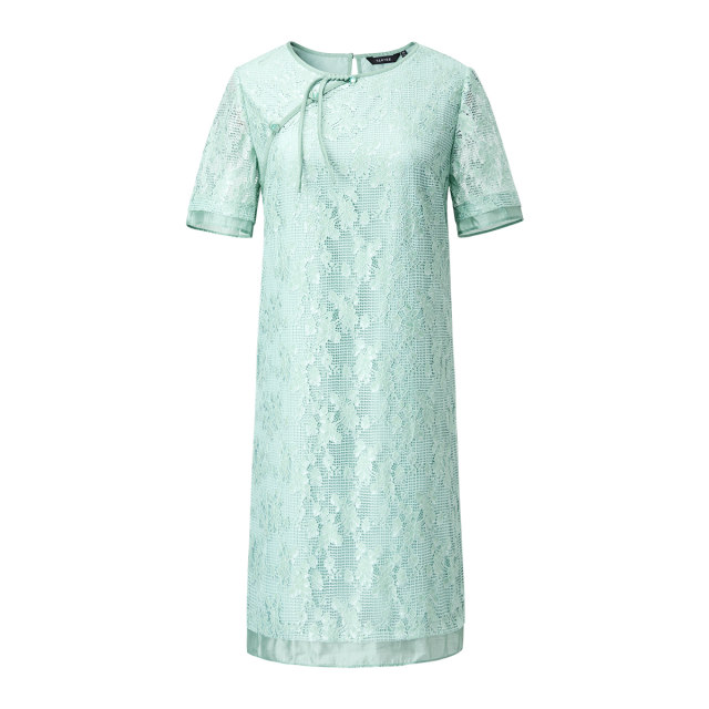 New Chinese style dress for 2025 new women's summer elegant green mid-length short-sleeved round neck skirt
