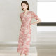 Yanyu ink printing skirt summer women's clothing 2025 new pink mid-length short-sleeved V-neck pleated dress