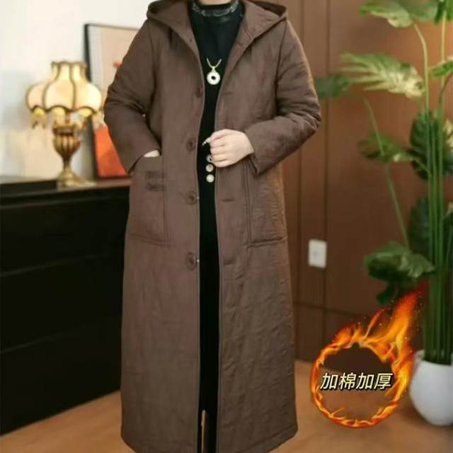 
Cotton hooded windbreaker for women 2025 new mid-length mother jacket solid color large pocket retro casual coat