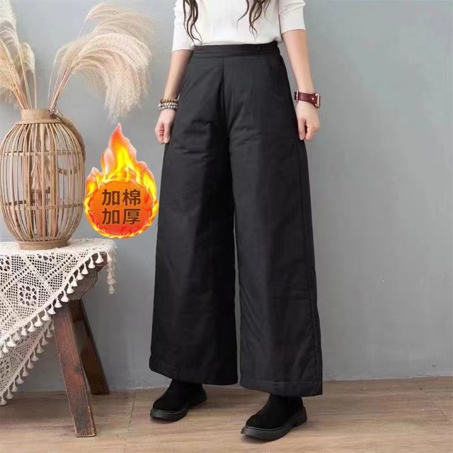 
Retro quilted thickened cotton pants for women's outer wear 2025 autumn and winter loose casual lightweight straight pants warm wide-leg trousers