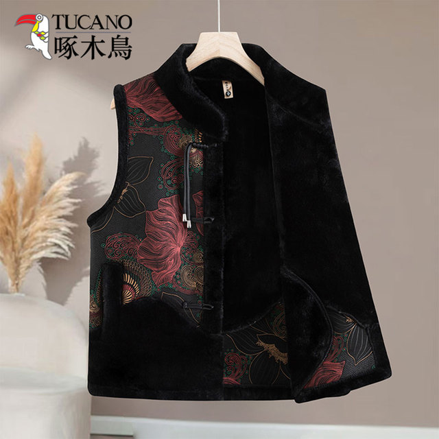 Woodpecker middle-aged and elderly women's Chinese-style vest plus velvet to keep warm, mother's style, grandma's new Chinese style vest jacket