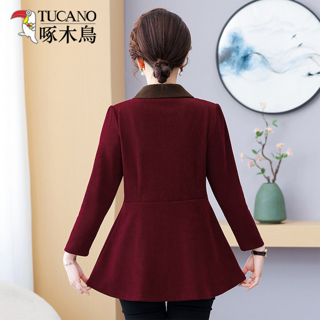 Woodpecker middle-aged and elderly women's mother's clothing long-sleeved splicing fake two-piece age-reducing large size flesh-covering middle-aged shirt top