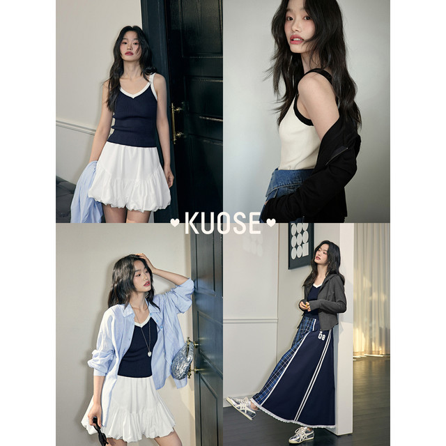 Wide color navy blue sporty slim suspender vest for women 2025 summer new apricot v-neck short top