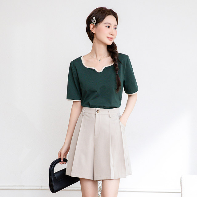 Qisu large size women's clothing 2025 summer new V-neck straight shoulder stretch fat girl versatile short-sleeved top for women T-shirt
