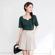 Qisu large size women's clothing 2025 summer new V-neck straight shoulder stretch fat girl versatile short-sleeved top for women T-shirt
